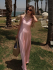 Women Off Shoulder Pink Satin Maxi Dress