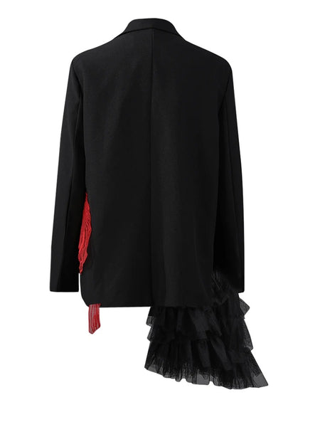 Women's Black Blazer with Sheer Mesh Panels and Long Sleeves