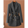 Women's Belted Double-Breasted Blazer Coat with Notched Lapels in Gray or Dark Brown