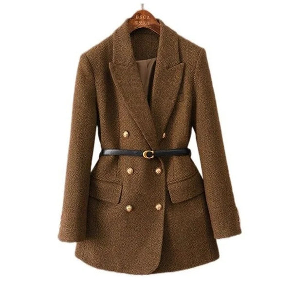 Women's Belted Double-Breasted Blazer Coat with Notched Lapels in Gray or Dark Brown