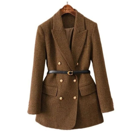 Women's Belted Double-Breasted Blazer Coat with Notched Lapels in Gray or Dark Brown