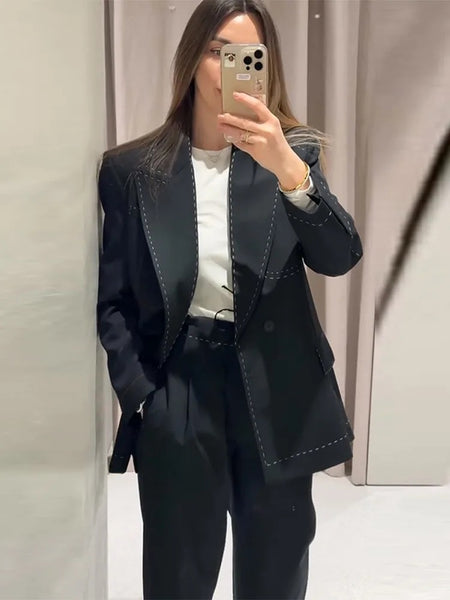 Women's Double-Breasted Blazer Jacket with Notched Lapels for Autumn