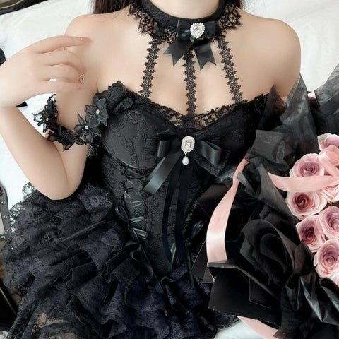 Japanese Victorian Sweet Lolita Dress Women Harajuku Y2k Bow Lace Halter Neck Evening Party Mini Dresses Kawaii Black Red Deess