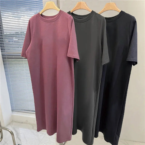 Loose Casual Solid Color Comfortable Dress Loose Large Size Short Sleeved Shirt Dress Summer Home Long Dresses