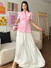 Women's Short-Sleeve Blazer with 3D Flower Detail and a Pleated Hem in Pink or Yellow