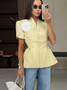Women's Short-Sleeve Blazer with 3D Flower Detail and a Pleated Hem in Pink or Yellow
