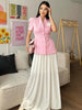 Women's Short-Sleeve Blazer with 3D Flower Detail and a Pleated Hem in Pink or Yellow