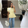 Women's Short-Sleeve Blazer with 3D Flower Detail and a Pleated Hem in Pink or Yellow
