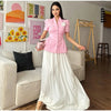 Women's Short-Sleeve Blazer with 3D Flower Detail and a Pleated Hem in Pink or Yellow