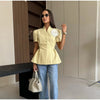Women's Short-Sleeve Blazer with 3D Flower Detail and a Pleated Hem in Pink or Yellow