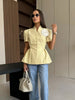 Women's Short-Sleeve Blazer with 3D Flower Detail and a Pleated Hem in Pink or Yellow