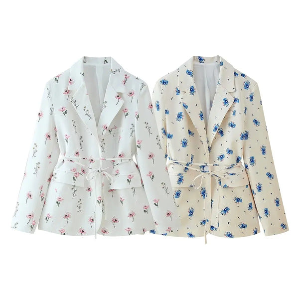 Women's Loose-Fit Floral Blazer with a Tie-Waist Sash and Front Pockets for Spring and Autumn