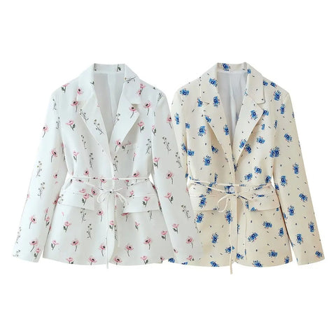 Women's Loose-Fit Floral Blazer with a Tie-Waist Sash and Front Pockets for Spring and Autumn