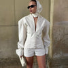 Women's Waist-Cinched V-Neck Blazer with Long Sleeves in Black Blue or White