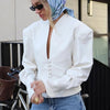 Women's Waist-Cinched V-Neck Blazer with Long Sleeves in Black Blue or White