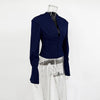 Women's Waist-Cinched V-Neck Blazer with Long Sleeves in Black Blue or White
