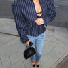 Women's Waist-Cinched V-Neck Blazer with Long Sleeves in Black Blue or White