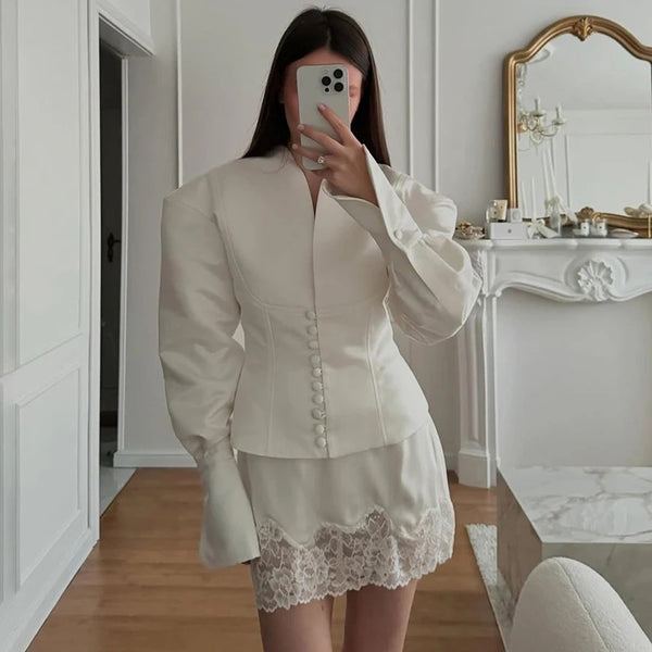 Women's Waist-Cinched V-Neck Blazer with Long Sleeves in Black Blue or White