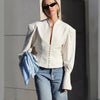 Women's Waist-Cinched V-Neck Blazer with Long Sleeves in Black Blue or White
