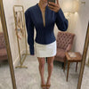 Women's Waist-Cinched V-Neck Blazer with Long Sleeves in Black Blue or White