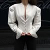 Women's Waist-Cinched V-Neck Blazer with Long Sleeves in Black Blue or White