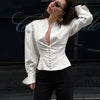 Women's Waist-Cinched V-Neck Blazer with Long Sleeves in Black Blue or White