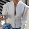 Women's Waist-Cinched V-Neck Blazer with Long Sleeves in Black Blue or White