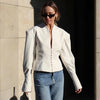 Women's Waist-Cinched V-Neck Blazer with Long Sleeves in Black Blue or White