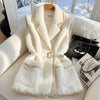 Women's Winter High Quality Thicken Fur Hair Blazer Vest Luxury Golden Silk Edge Elegant White Sleeveless Formal