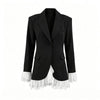 Women's Black Single-Button Blazer with Lace Patchwork and Long Sleeves