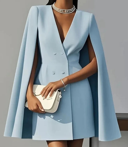 Women Dresses Spring Autumn Commuting Double Breasted Shawl Cape Solid Color V-Neck Mini Dress Women's Clothing