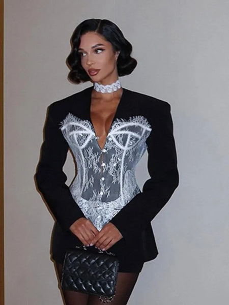 Women's V-Neck Blazer with Lace Patchwork and a Single-Breasted Front