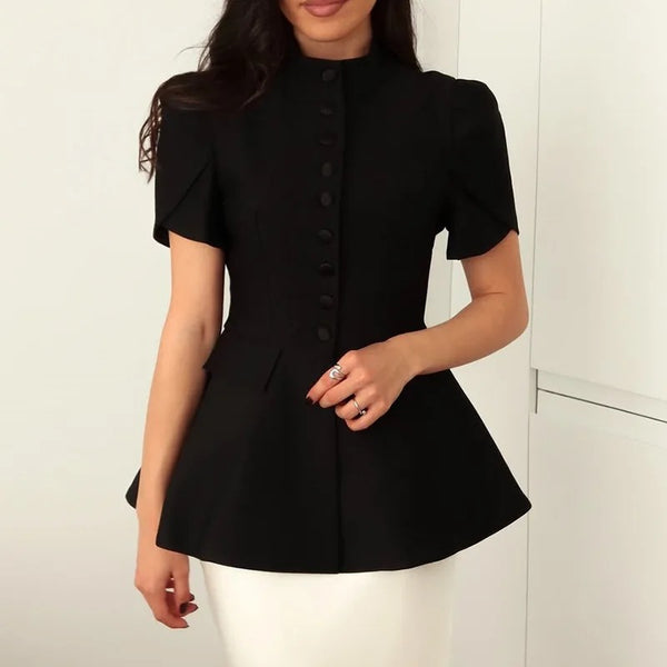 Women's Slim-Fit Short-Sleeve Blazer with a Stand Collar and Button Front