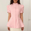 Women's Slim-Fit Short-Sleeve Blazer with a Stand Collar and Button Front