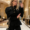 Women's Black Blazer with Gold Buttons and a Tailored Front