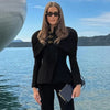 Women's Black Blazer with Gold Buttons and a Tailored Front