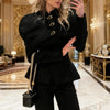 Women's Black Blazer with Gold Buttons and a Tailored Front