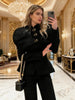 Women's Black Blazer with Gold Buttons and a Tailored Front
