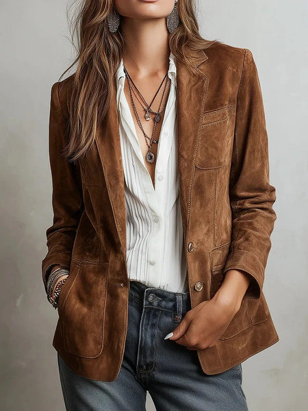 Women's Suede-Effect Blazer with a Notched Collar and Multiple Pockets in Brown or Dark Red