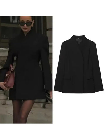 Women's Black Stand Collar Blazer with Long Sleeves and Front Flap Pockets
