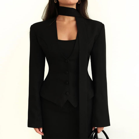 Women's Blazer Jacket Choker Tie Lapel Button Front Long Sleeve Slim Fit Peplum Office Work Formal OuterwearMultipleColors