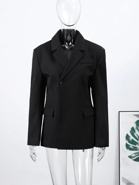Women's Black Slim-Fit Blazer with a V-Neck and Single-Button Front for Autumn and Winter