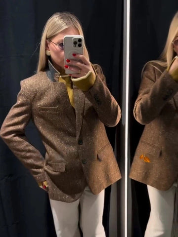 Women's Brown Tweed Blazer with Glitter Detail and a Single-Breasted Front