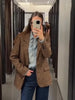 Women's Brown Tweed Blazer with Glitter Detail and a Single-Breasted Front