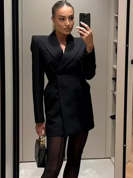 Women's Black Double-Breasted Blazer with Notched Lapels and Long Sleeves