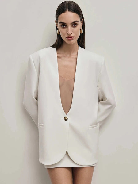 Women's Deep V-Neck Slim-Fit Blazer with Long Sleeves and a Single-Button Front