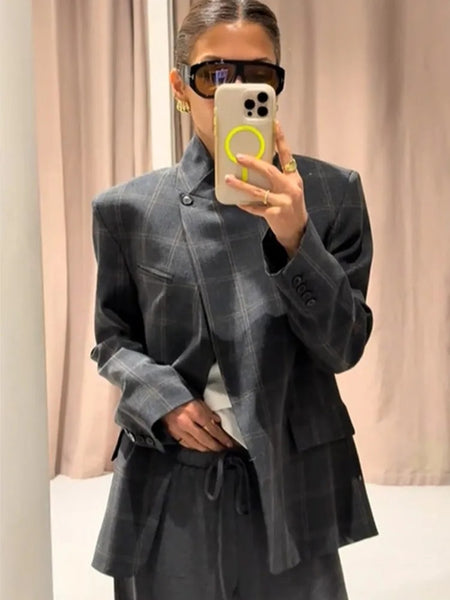 Women's Irregular Plaid Blazer with a Stand Collar and Split Hem in Three Colors