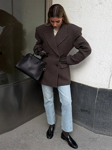 Women's Faux-Fur Blazer with a V-Neck Double-Breasted Front and Shoulder Pads