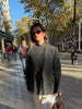 Women's Gray Plaid Blazer with a Stand Collar and Split Hem