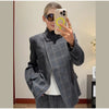 Women's Gray Plaid Blazer with a Stand Collar and Split Hem